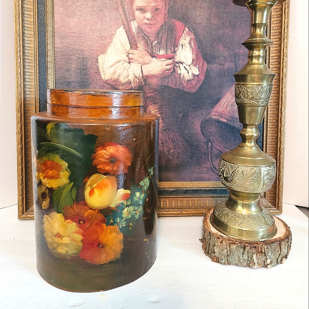 Mid Century English Arts & Craft Hand Painted Tole Fruit Wood Canister w…